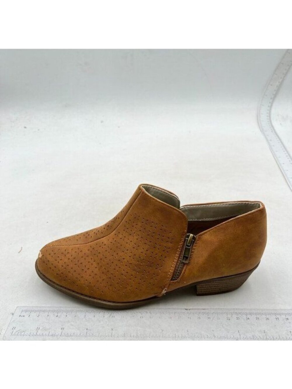 Women Stacked Mid Heels Ankle Bootie Almond Toe Block Low Heel Pumps Brown